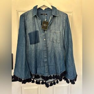 Jachs Denim Button-Down Shirt with Black Tassel Trim - Blue